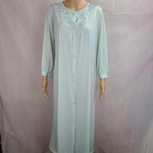 Vintage Lorraine Women's (XS) Mint Green Nylon Embroidered Floral Button Up Robe